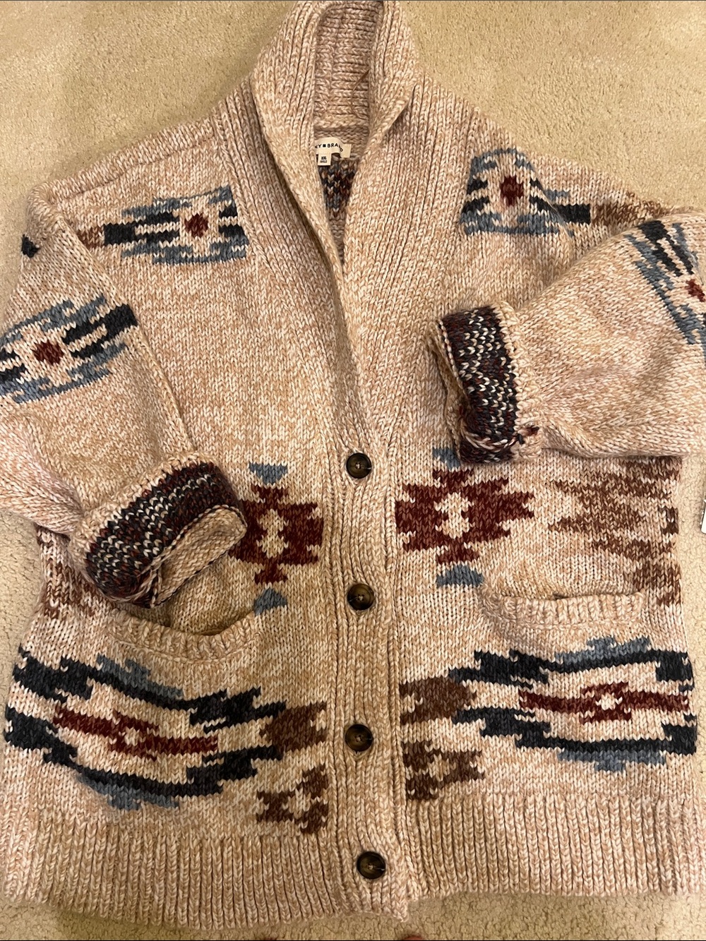 Lucky Brand NWT Cozy Aztec Horse Shawl Collar Cardigan Sweater - Beige